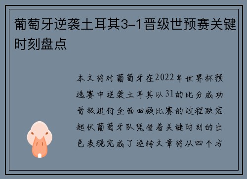 葡萄牙逆袭土耳其3-1晋级世预赛关键时刻盘点
